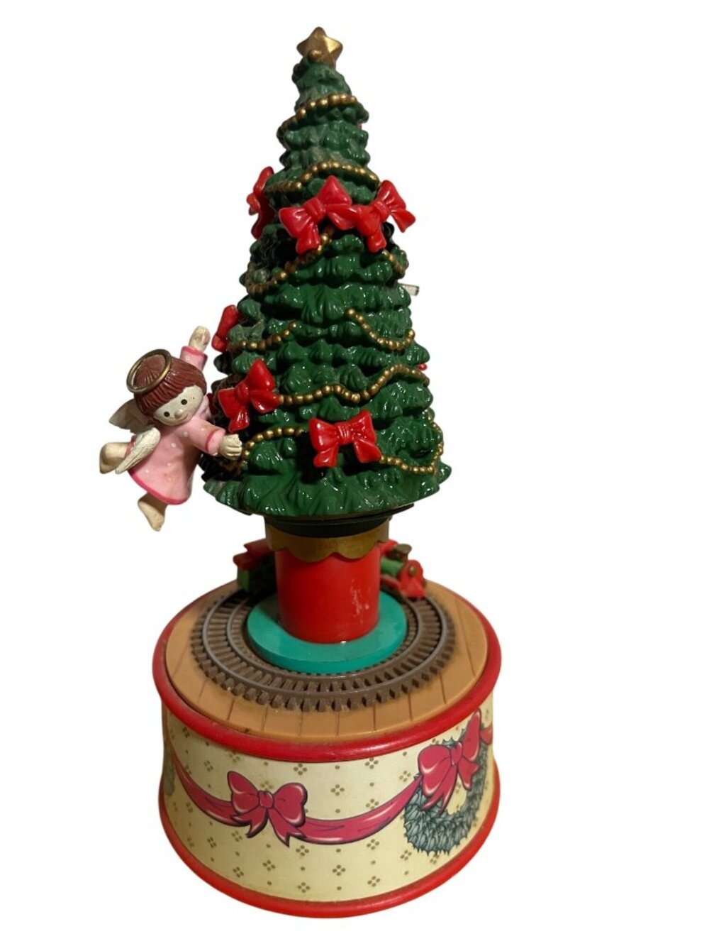 Enesco Christmas Tree Music Box With Train Angel Figurine Vintage 1997